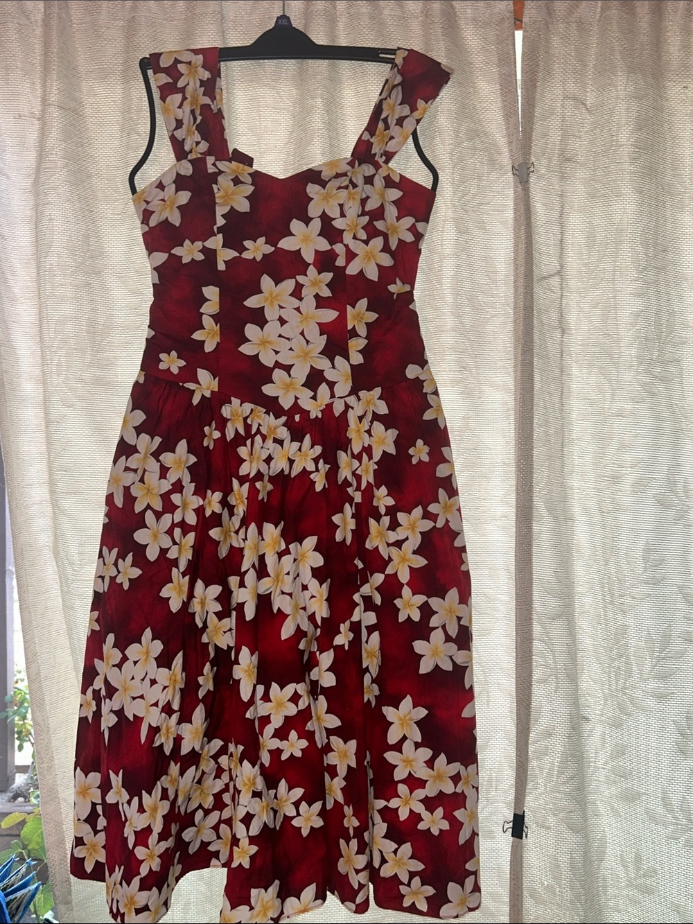 *Vintage* Sleeveless Red Floral Midi Dress with White Plumeria Print